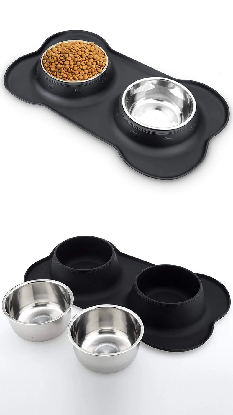 Antislip Double Dog Bowl With Silicone Mat